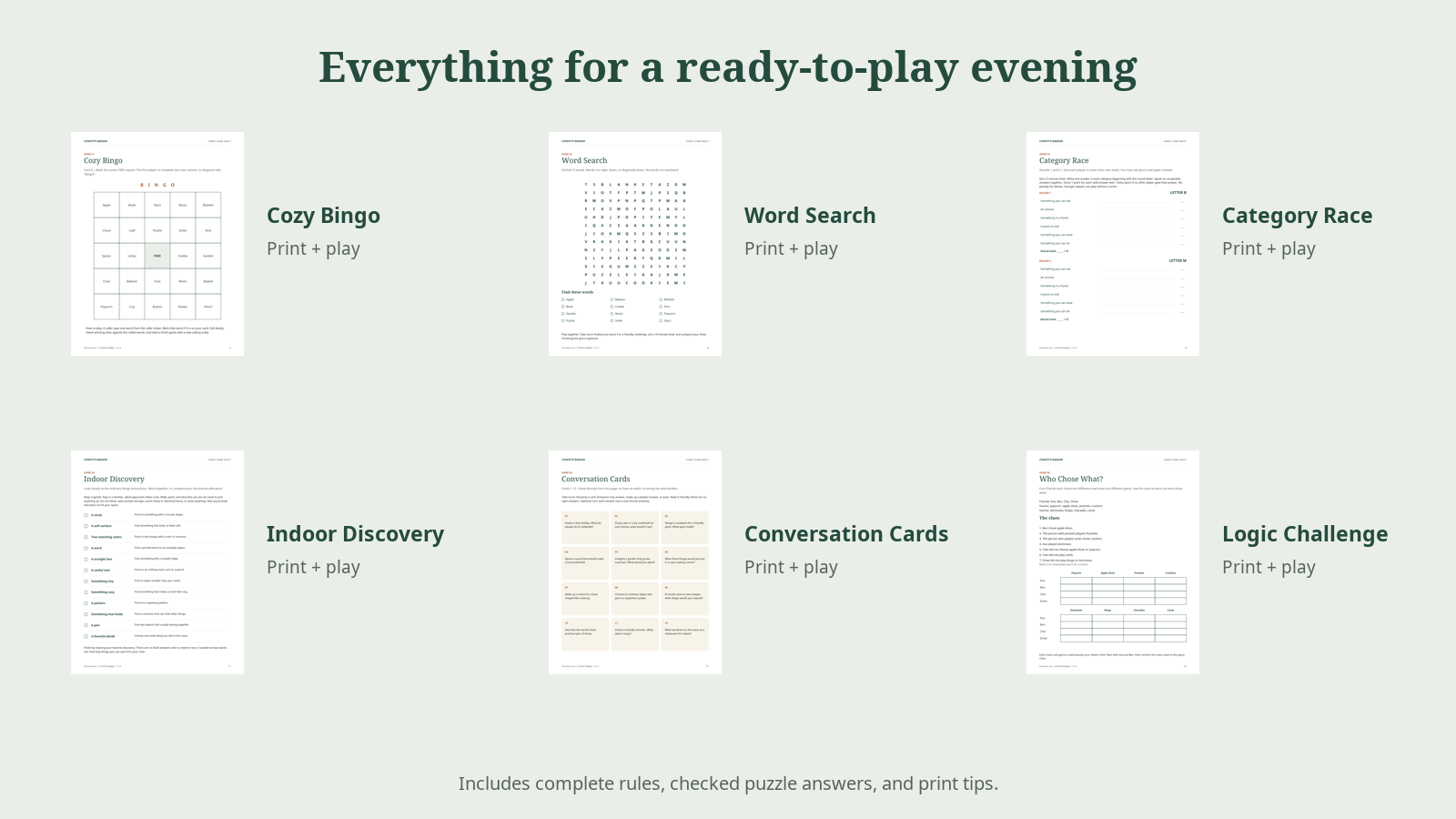 Six original games with rules, print choices and checked answers.