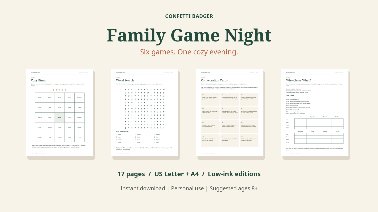 Family Game Night printable game collection with bingo, word search, prompts and puzzle pages